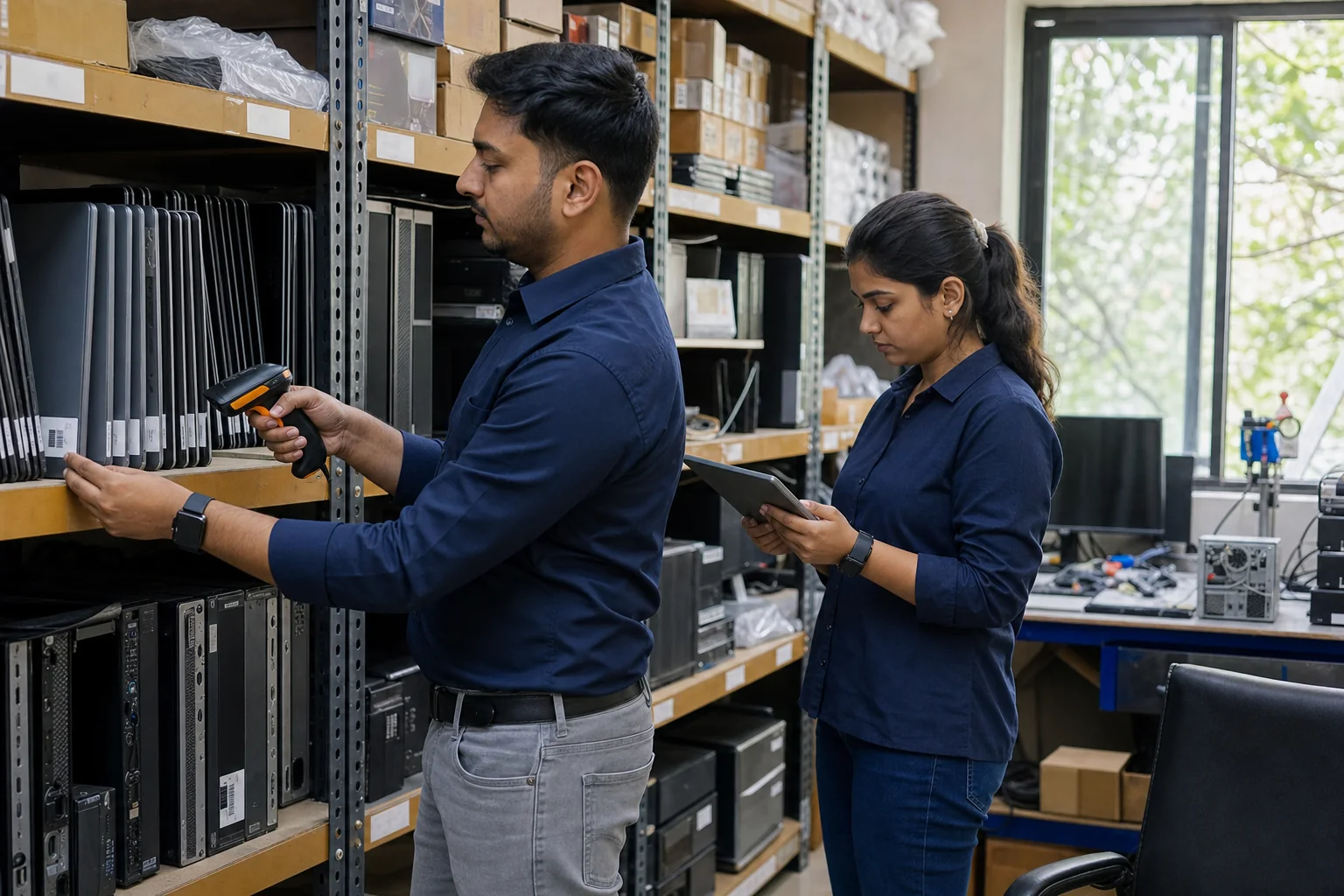 Indian IT asset team scanning and auditing laptops and desktop equipment