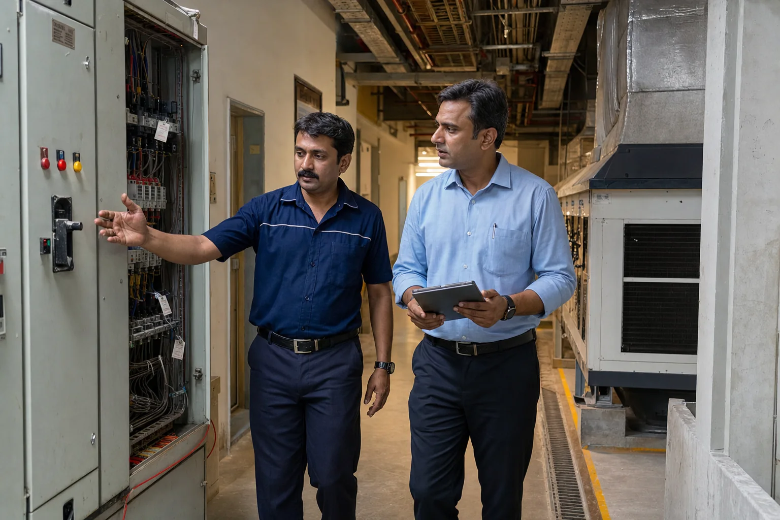 Indian facility professionals inspecting building equipment with a maintenance tablet