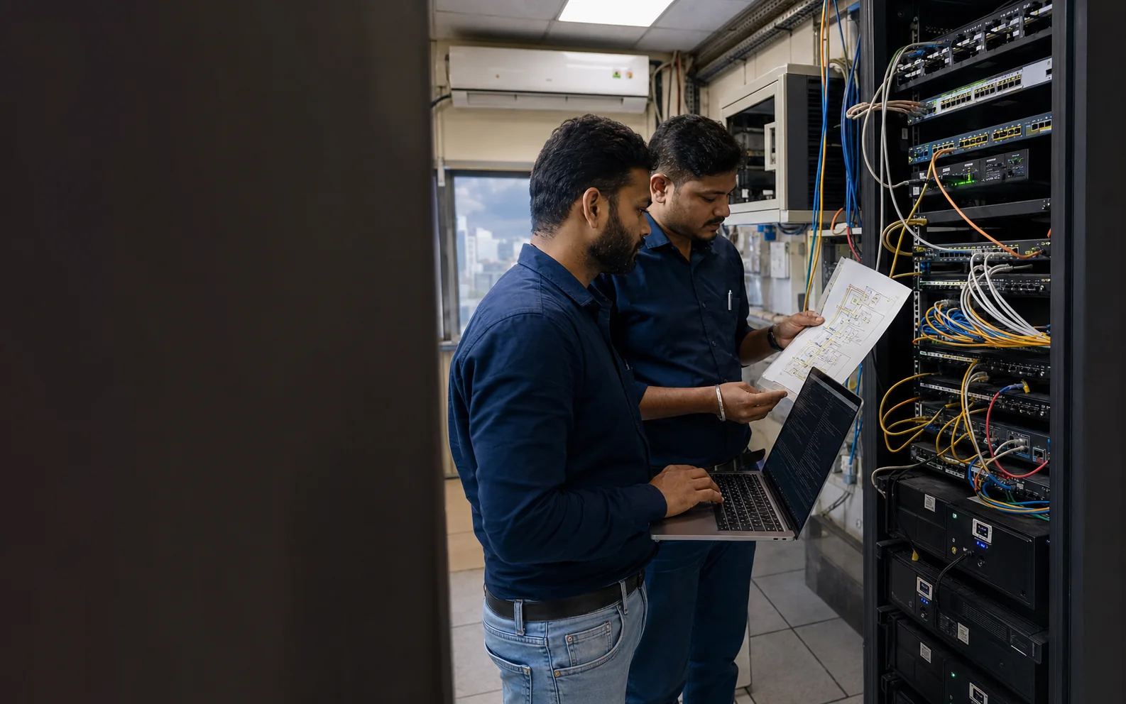 Two SS Technologies field engineers reviewing network hardware in a Mumbai server room