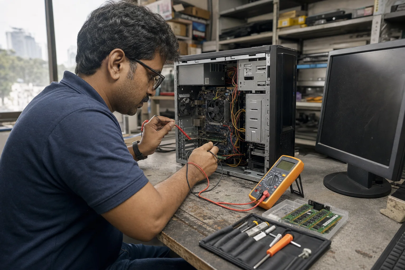 Indian hardware technician diagnosing a desktop computer at a Mumbai service bench