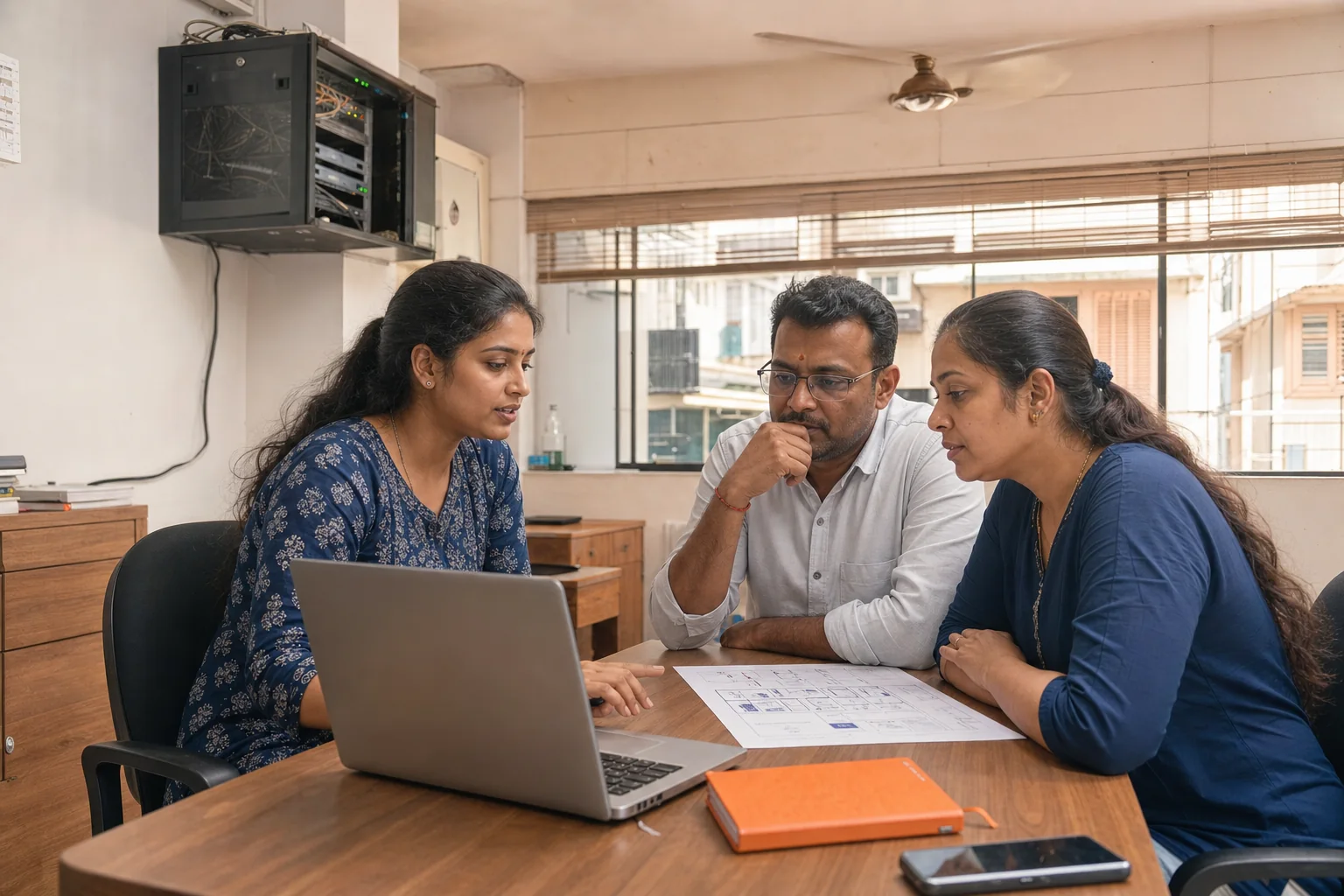 Indian IT consultant discussing an infrastructure plan with Mumbai business owners