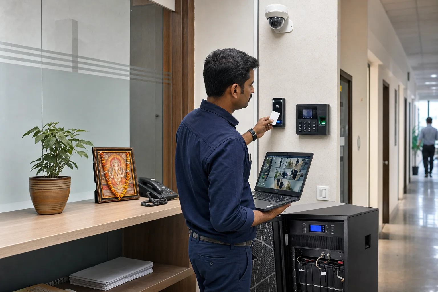 Indian technician commissioning access control CCTV and attendance systems