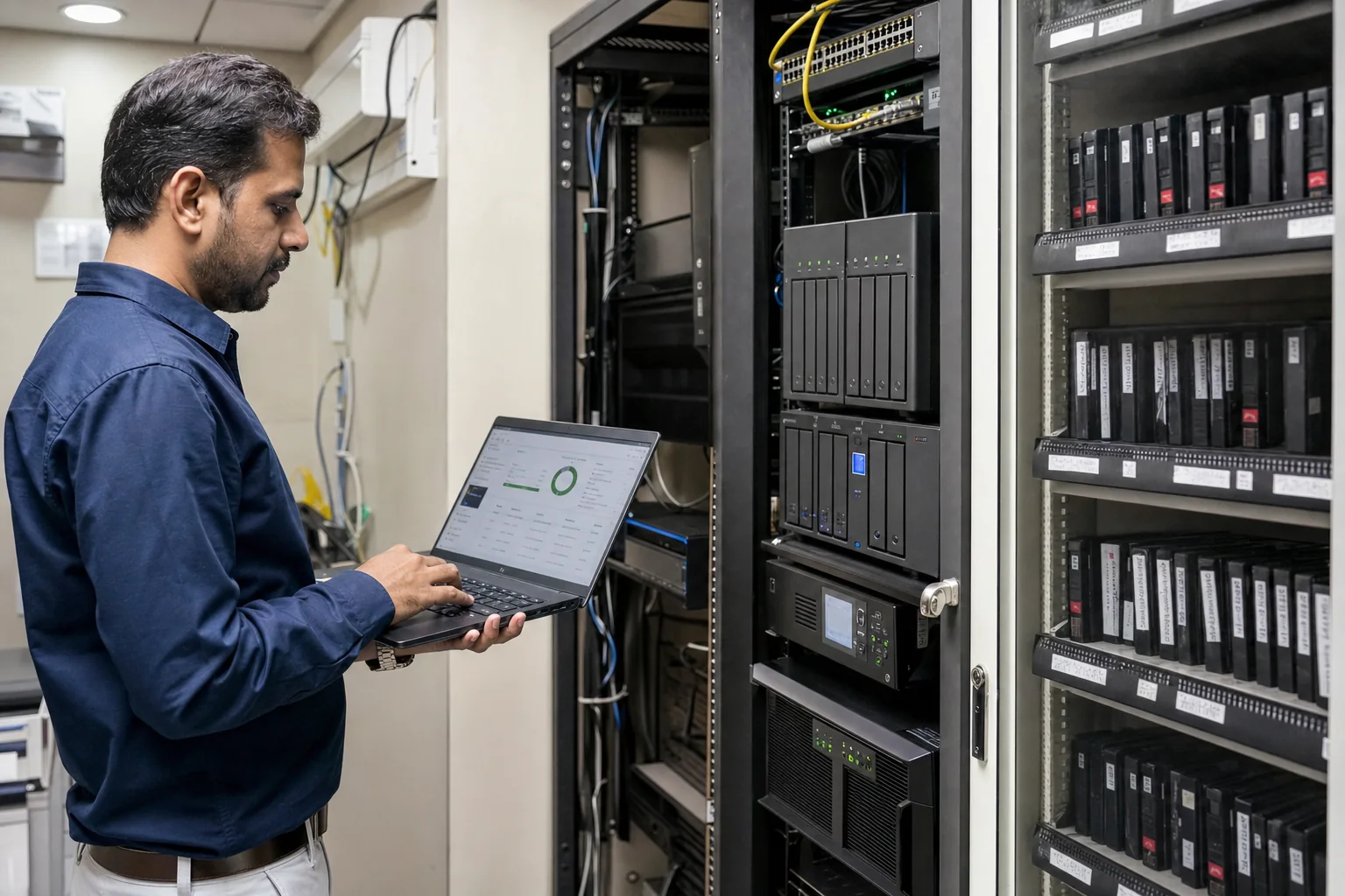 Indian backup engineer checking recovery appliances and protected media